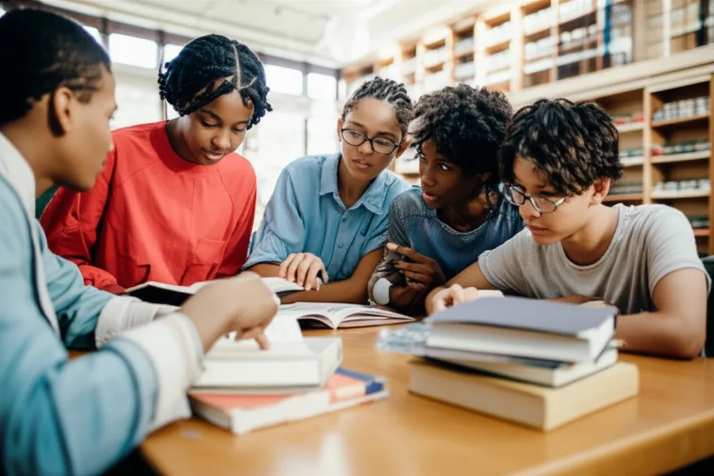 독서 및 토론 중인 중학생들